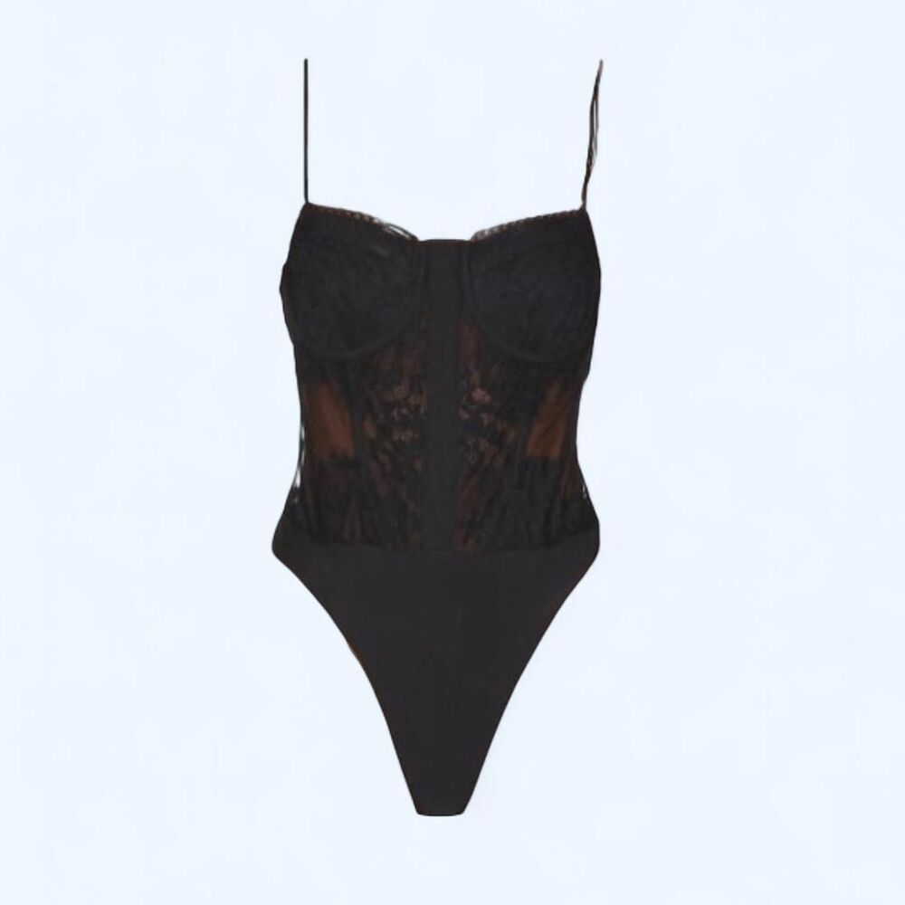 NWT Cami NYC Riona Gothic Whimsigoth Lace Mesh Corset Bodysuit in Black Sz 4